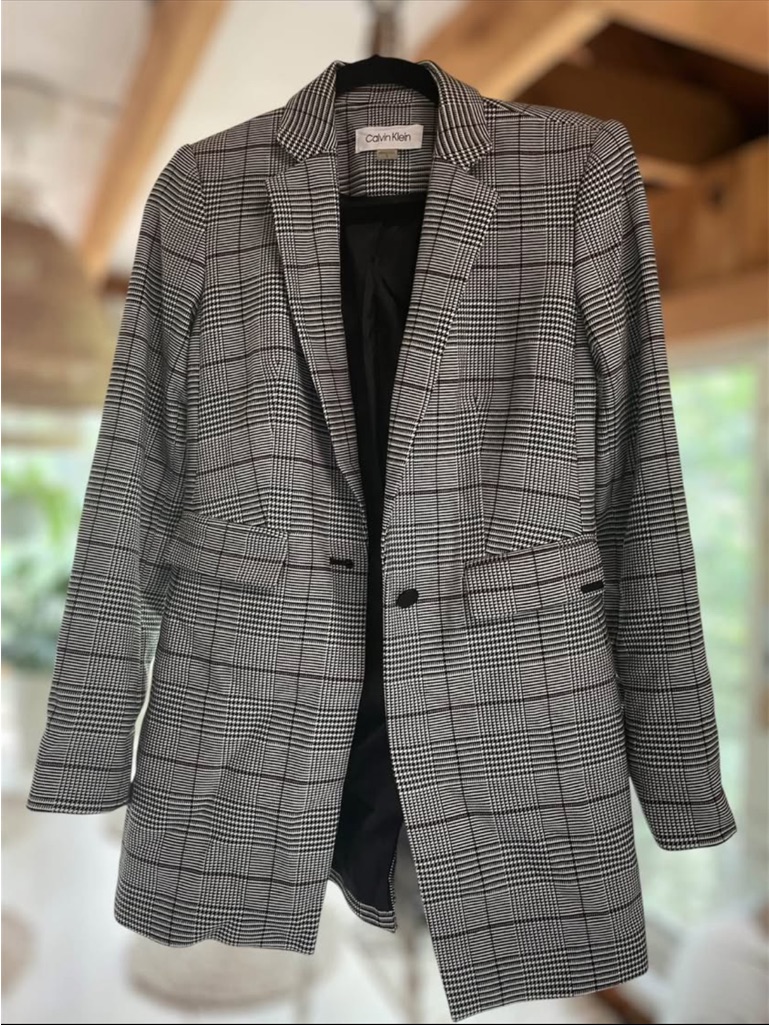 Calvin Klein Black & White Glen Plaid Longline Blazer Coat